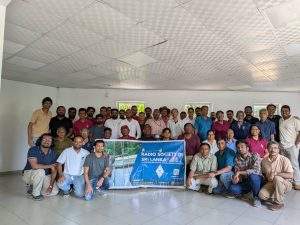 Amateur radio enthusiasts gathered for a society meeting or conference.