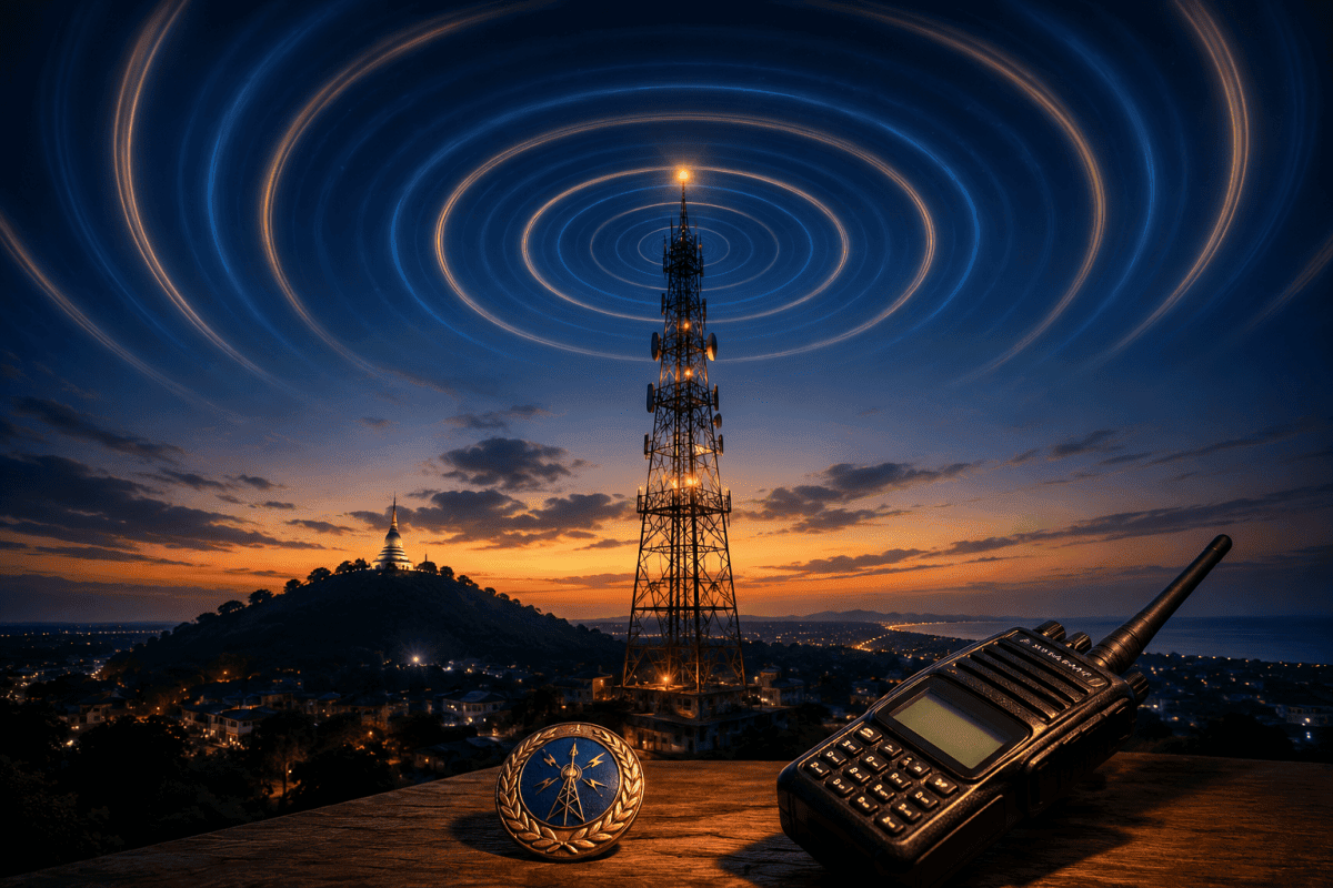 Radio tower with satellite dish and swirling sky at sunset, representing amateur radio communication.